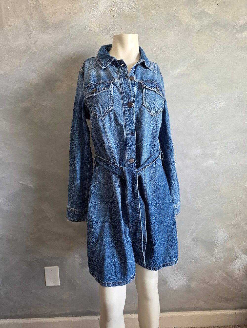A.N.A. Denim Jean Shirt Dress Belted Collar Button Diwn Cotton Medium Wash Sz S